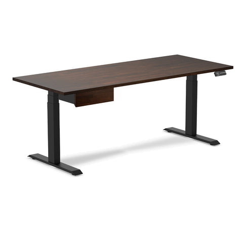Desky Dual Rubberwood Standing Desk With Drawer 180cm Dark Walnut Desktop and Matte Black Frame