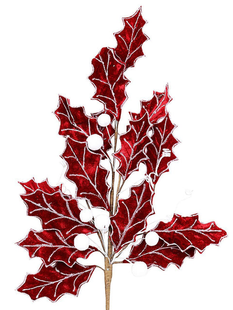 Christmas Warehouse - PICK2519 Red Velvet Holly Leaf & Snow Berries Christmas Stem | 80cm Red with White & Silver on Brown