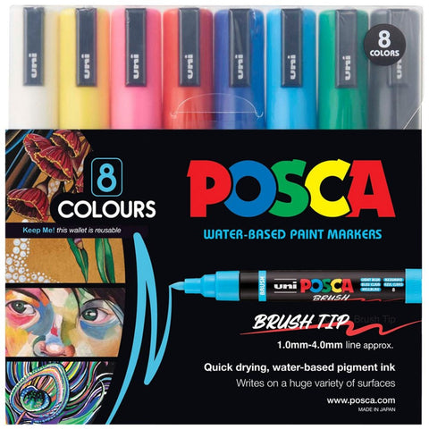 Uni Posca PC-5BR Brush Tip Paint Markers 8 Pack Set