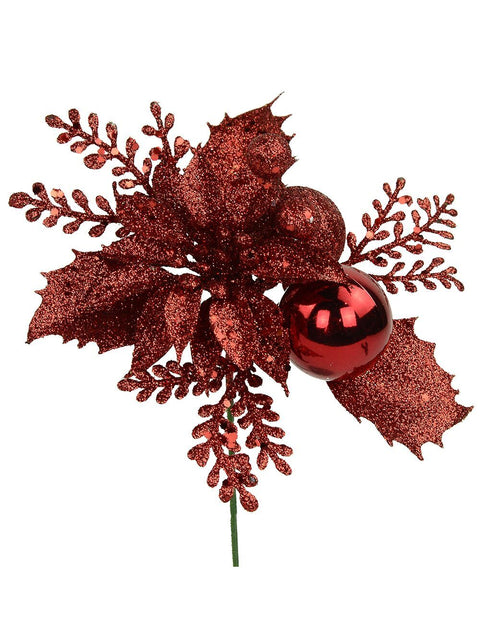 Christmas Warehouse - PICK1724 Red Glitter Poinsettia Flower & Holly Leaf Christmas Tree Stem Pick | 15cm Red