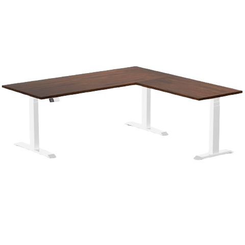 Desky Rubberwood L-Shape Sit Stand Desk 180 x 175 cm Red Walnut Top and White Leg
