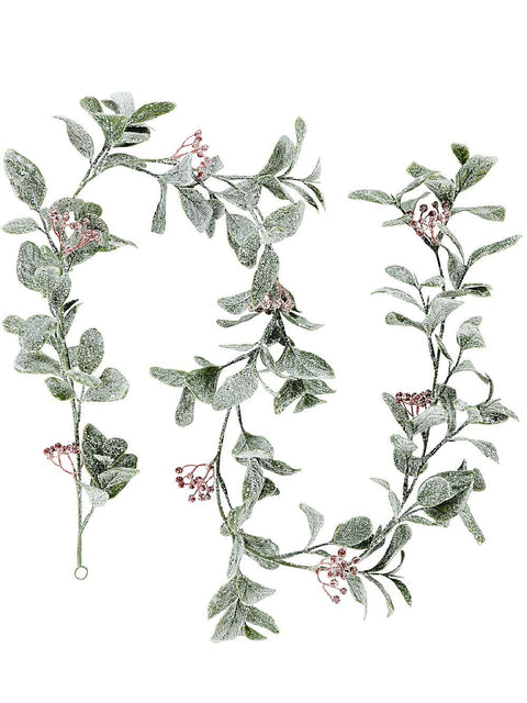 Christmas Warehouse - PREDF724 1.2m Frosted Mistletoe Christmas Vine Garland | Red Berries & Silver Glitter Green with White & Red