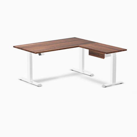 Desky Hardwood L-Shape Standing Desk With Drawer 150 x 155 cm Walnut Top and White Leg