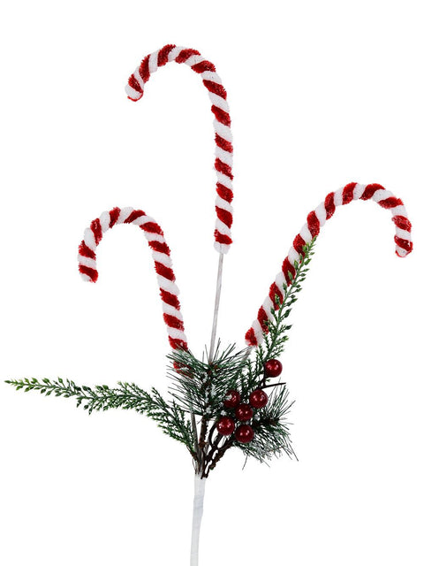 Christmas Warehouse - STEM2312 Candy Canes Berries & Foliage Spray Long Christmas Stem | 62cm Red with White, Green, Red & Brown