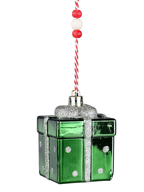 Christmas Warehouse - DECRH088 Green Glittered Gift Box Radiant Essential Ornament | 60mm Green with Silver