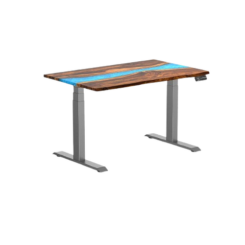 Desky Dual Resin Hardwood Sit Stand Desk 120cm Pheasantwood Blue River Desktop and Space Grey Frame