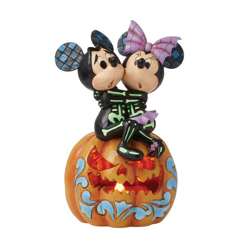 Jim Shore Disney Traditions - Mickey and Minnie Scared Skeletons LED Pumpkin