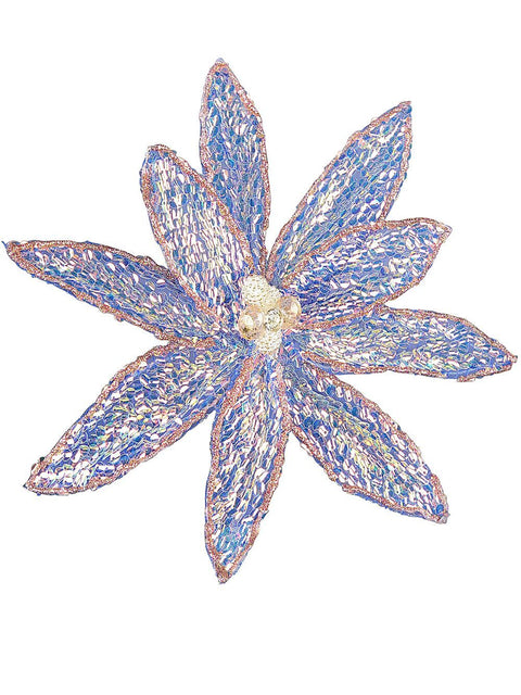 Christmas Warehouse - PICK2212 Blue Poinsettia With Iridescent Sequins Christmas Tree Clip Pick | 26cm Blue with Iridescent & Pink