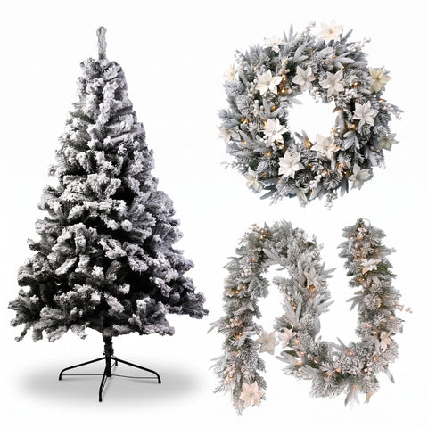 Christabelle Snow-Tipped Tree 61cm Snow Wreath Colonial with Lights 2.74m Garland Snow Frosted