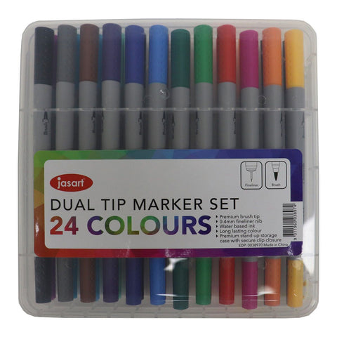 Jasart 24pc Dual Nib Brush Fineliner Set Water-Based Ink Art Colouring Markers