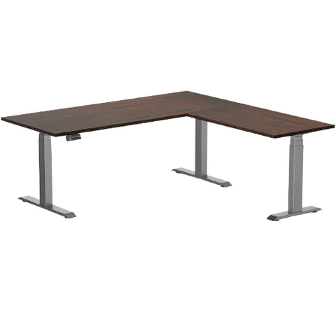 Desky Rubberwood L-Shape Sit Stand Desk 180 x 175 cm Dark Walnut Top and Space Grey Leg