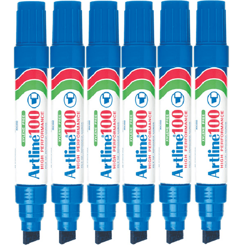 Artline 100 Box 6 Permanent Marker 12mm Chisel Tip Thick Nib (Blue)