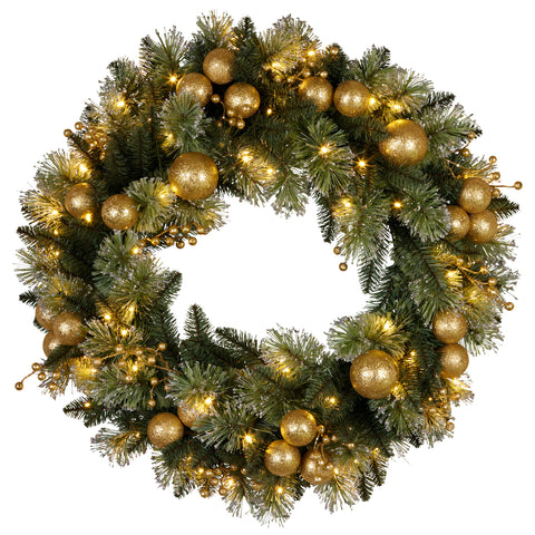 Christabelle 76cm Christmas Wreath Glittery with LED Lights Golden Baubles Front Door Decoration Ornament