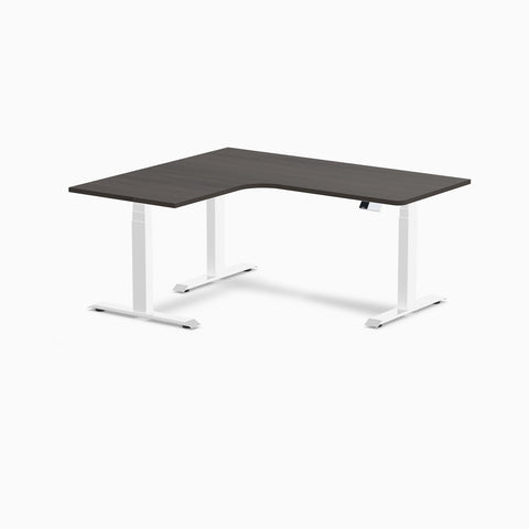 Desky L-Shape Melamine Sit Stand Desk 160cm - Left Return Burnished Wood Top and White Leg