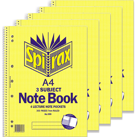 Spirax 599 3-Subject Notebook 7mm Ruled Spiral Bound 300 Page (A4) [5 Pack]