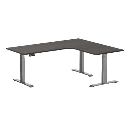 Desky L-Shape Melamine Sit Stand Desk 180cm - Right Return Burnished Wood Top and Space Grey Leg