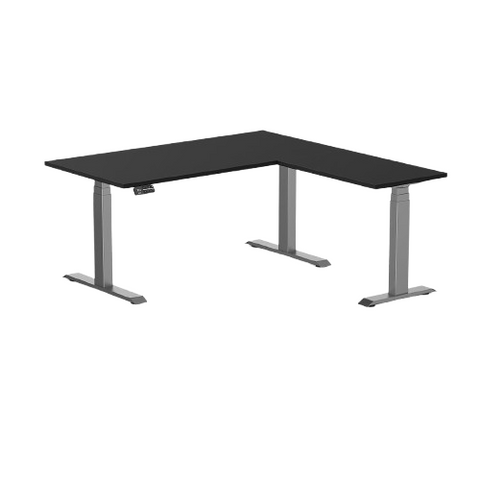 Desky Eco L-Shape Melamine Sit Stand Desk 150 x 155 cm Black Top and Space Grey Leg
