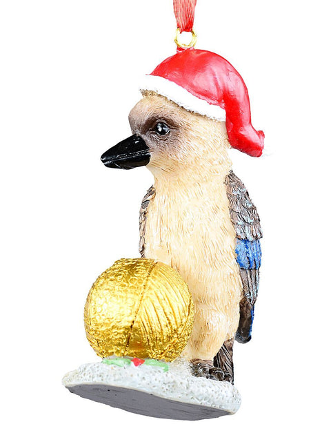 Christmas Warehouse - DECRH126 Native Kookaburra With Gold Bauble Whimsical Essential Ornament | 75mm Dark & Light Brown, Blue, Gold & Black