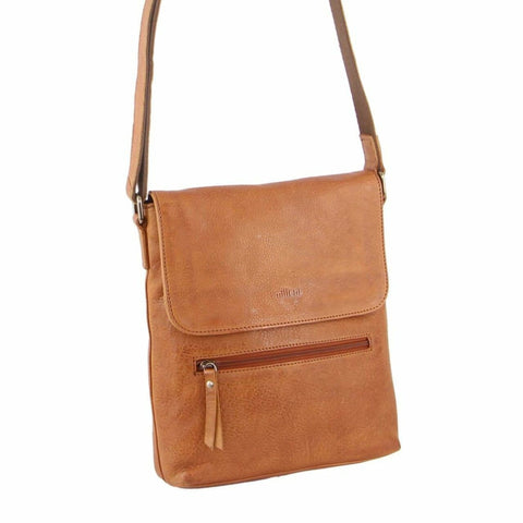 Milleni Women's Nappa Leather Shoulder Crossbody Bag w/ Zip 25x28cm Cognac