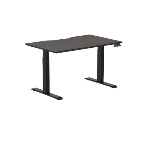 Desky Dual Scalloped Melamine Sit Stand Desk - Burnished Wood / 1200x750mm / Matte Black