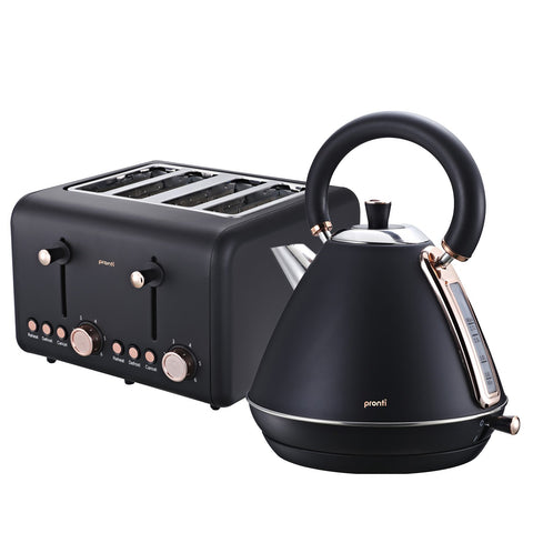 Pronti Rose Trim Collection Toaster & 1.7L Kettle Stainless Steel Bundle (Black)