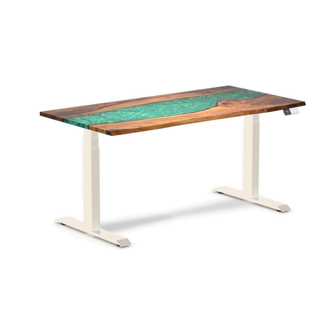 Desky Dual Resin Hardwood Sit Stand Desk 150cm Natural Walnut Emerald River Desktop and Wheat Frame