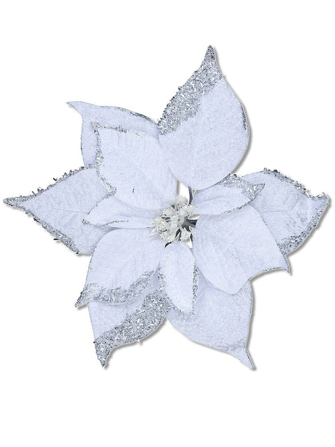 Christmas Warehouse - PICK2314 White With Silver Edge Poinsettia Christmas Tree Stem Pick | 27cm White with Silver & Off-White