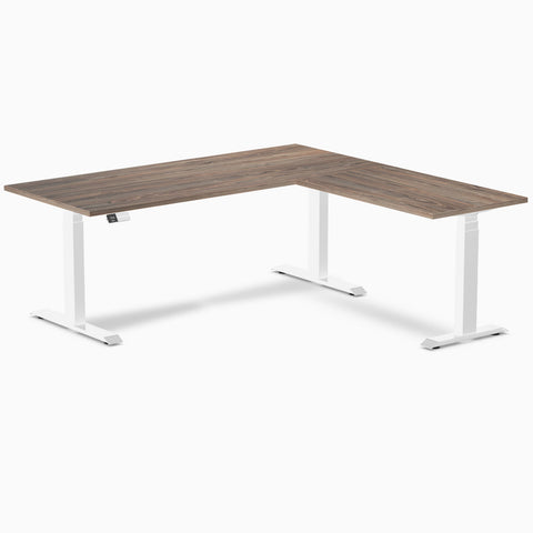 Desky Eco L-Shape Melamine Sit Stand Desk 180 x 175 cm Natural Walnut Top and White Leg
