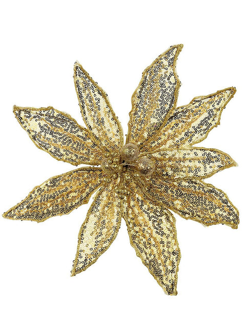 Christmas Warehouse - PICK2520 Gold Sequins On Mesh Poinsettia Christmas Tree Clip Pick | 30cm Gold
