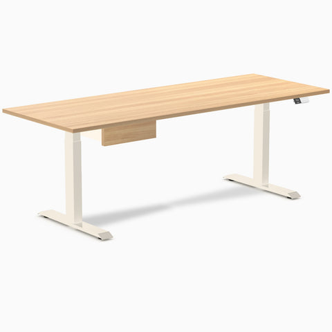 Desky Dual Melamine Standing Desk With Drawer 200cm Sublime Teak Desktop and Wheat Frame