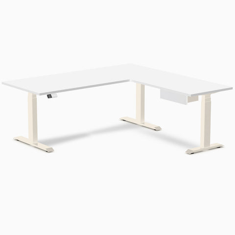 Desky Eco L-Shape Melamine Standing Desk With Drawer 180 x 175 cm White Top and Wheat Leg