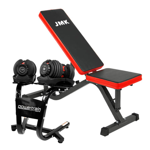 Powertrain 2x 24kg Adjustable Dumbbells with Stand and Exercise Bench
