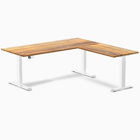 Desky Hardwood L-Shape Sit Stand Desk 180 x 175 cm Teak Top and White Leg