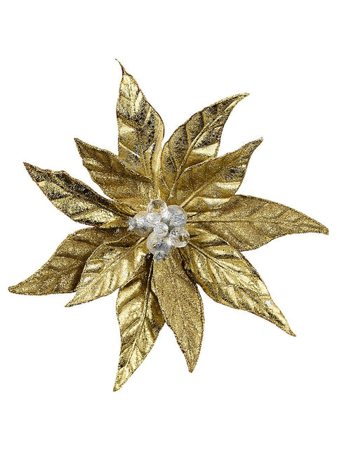 Christmas Warehouse - PICK2521 Shiny Gold With Glitter & Frost Poinsettia Christmas Tree Clip Pick | 32cm Gold with Silver