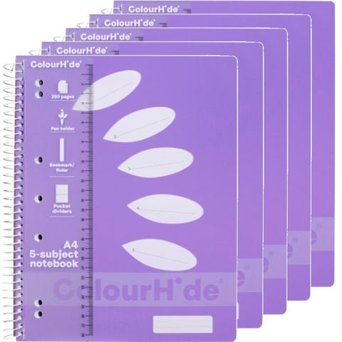 Colourhide 5-Subject Section Notebook 250 Page A4 Lavender Purple Book