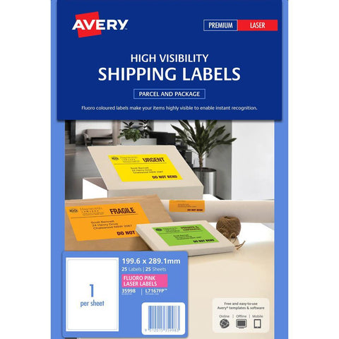 Avery Fluoro Pink High Visibility Shipping Labels for Laser Printers, 199.6 x 289.1 mm [25-Pieces]