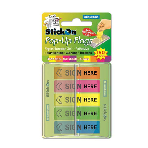 Beautone Pop-Up Stick On Flags 5 Assorted Pads - 150 sheets
