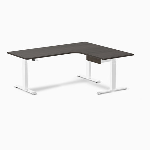 Desky L-Shape Melamine Standing Desk With Drawer 180cm - Right Return Burnished Wood Top and White Leg