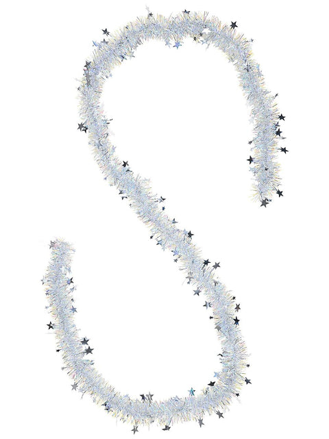 Christmas Warehouse - TINN2604 Decorated Classic 5ply Silver Star Christmas Tinsel Garland | 2.7m x 70mm Metallic Silver