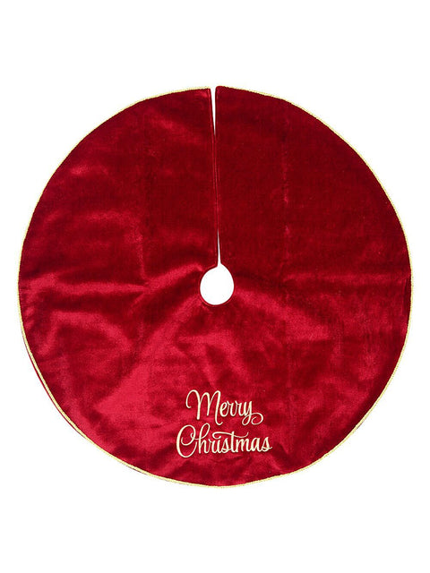 Christmas Warehouse - SKRT2603 1m Deep Red Velvet & Gold Merry Christmas Embroidered Tree Skirt Deep Red with Gold