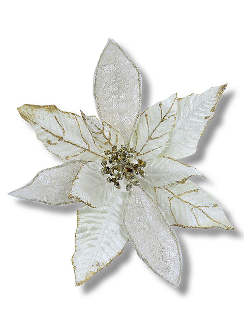 Gold White & Cream Poinsettia Christmas Tree Clip Pick | 28cmWhite & Cream with Gold