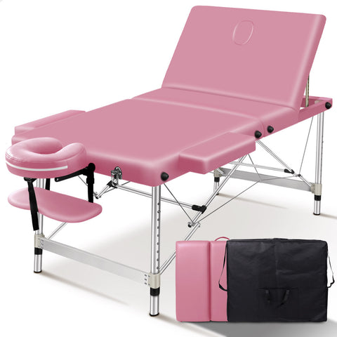 ALFORDSON Massage Table 3 Fold 75cm Foldable Portable Aluminium Lift Up Bed Desk (Pink)