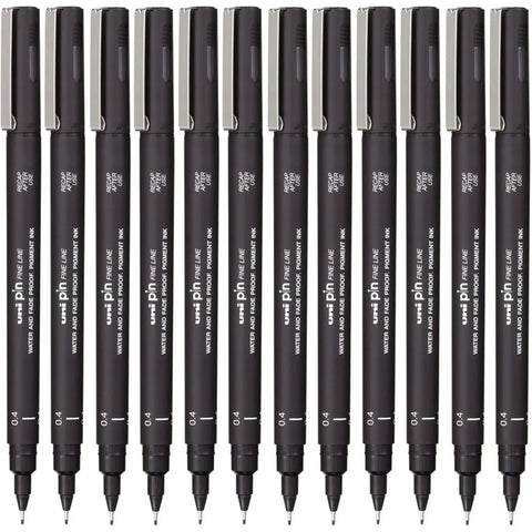 Uni-Ball 200 Pin Fineliner Fine Line Pen 0.4mm Box of 12 (Black)