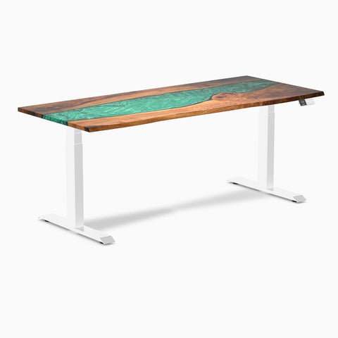 Desky Dual Resin Hardwood Sit Stand Desk 180cm Natural Walnut Emerald River Desktop and White Frame