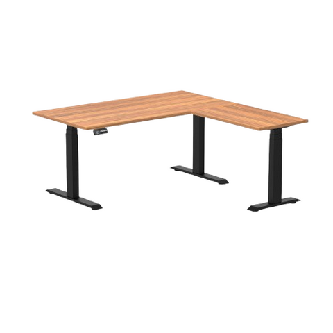 Desky Eco L-Shape Melamine Sit Stand Desk 150 x 155 cm Prime Oak Top and Matte Black Leg