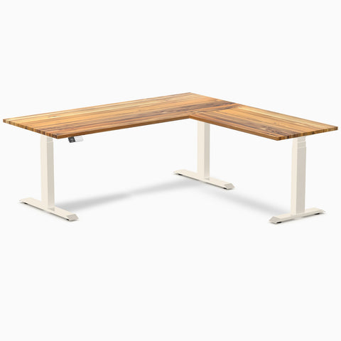Desky Hardwood L-Shape Sit Stand Desk 180 x 175 cm Teak / Wheat Top and Wheat Leg