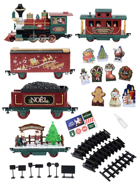 Christmas Warehouse - ANIMTR29 Christmas Express Large Scale G Gauge Train Set | 36 Piece Set With Real Smoke Green & Red with Gold & Black