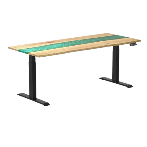 Desky Dual Resin Hardwood Sit Stand Desk 180cm White Ash Emerald River Desktop and Matte Black Frame