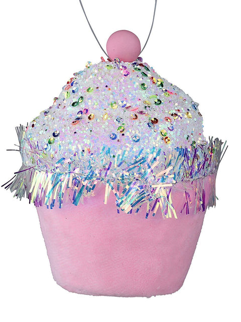 Christmas Warehouse - DECRH057 Pink Sequin Frosted 3D Cupcake Whimsical Essential Ornament | 11cm Pink with White, Iridescence & Multi