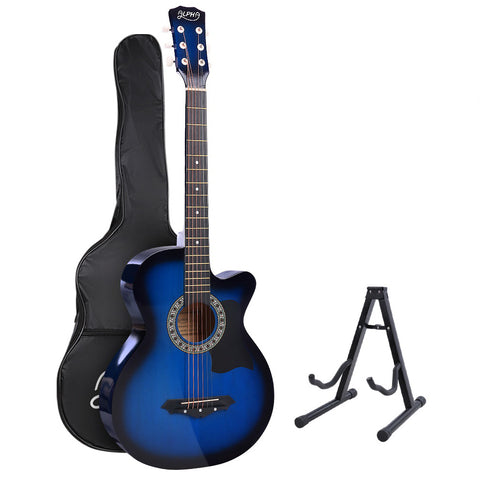 Alpha 38" Acoustic Guitar Wooden Body Steel String with Stand Blue